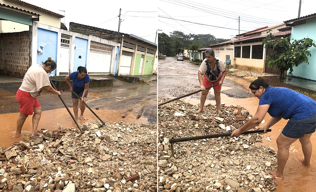 Moradores do bairro Edson Cadaxo fazem "operação tapa-buraco" com concreto