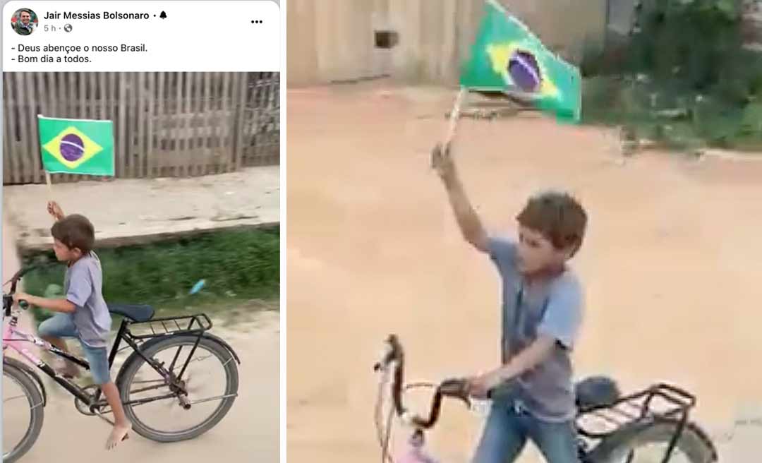 Com a bandeira do Brasil e de bicicleta, garoto de Tarauacá ganha destaque no Facebook de Bolsonaro