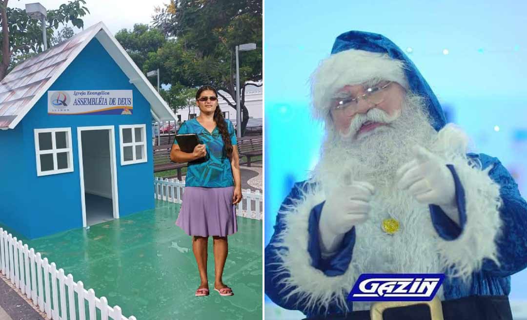Decoração azul de Natal na Praça da Revolução vira meme com placa da Assembleia de Deus e “Papai Noel da Gazin”