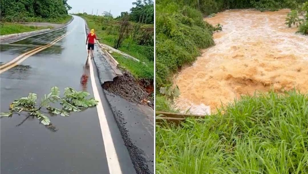 Após acostamento ceder na BR-317, próximo a Epitaciolândia, carretas são impedidas de passar no local, informa PRF