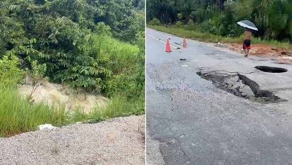 Erosão interdita parcialmente a BR-364 no Acre após chuvas; Dnit diz que tenta solucionar o problema